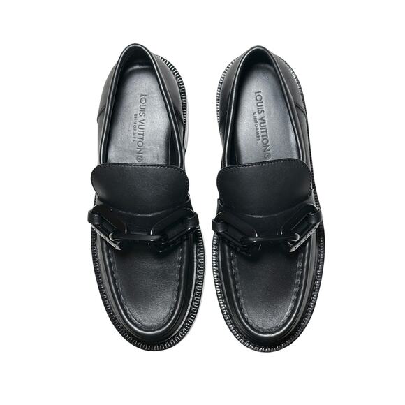 Louis Vuitton NIB Academy Black Leather LV Monogram Chain Loafers 37 Women's NEW - Picture 4 of 10